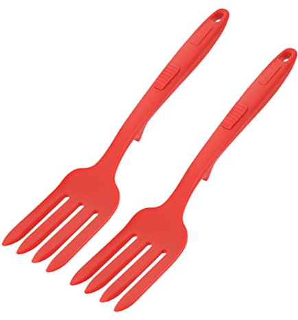 BRIGHTFUFU Tenedor Grande De Silicona Para Pasta y Fideos Fritos, Utensilio De Cocina Rojo, Resistente y Reutilizable, Ergonómico, Para Uso Doméstico y Servir Comedor, Pack De 2 Unidades