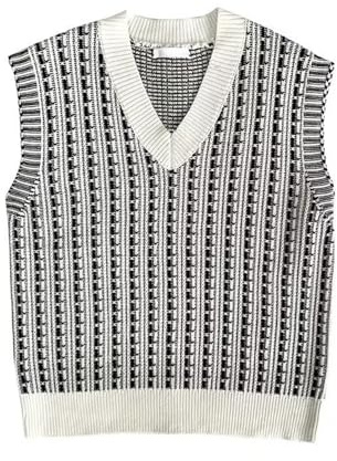 Chaleco de suéter suelto para hombre con cuello en V, informal, sin mangas, suéter de punto a rayas, suéter negro elegante, Blanco, XL
