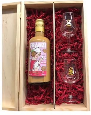 Franzi Vegan Franzbrötchen Likör 15% vol. 0,5 l - Geschenkset mit 2 hochwertigen Signatory-Gläsern (2 & 4 cl Eichstrich) in edler Holzbox - Perfekt für besondere Anlässe