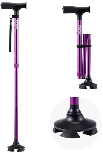 VEVOR Bastone da Passeggio, Carico di 113 kg Bastone da Passeggio Pieghevole con Altezza Regolabile su 8 Livelli, Base Girevole a 4 Punte, Ausilio per Mobilità in Alluminio Leggero e Portatile, Viola