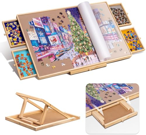 Tektalk Jigsaw Puzzle Table with Integrated Adjustable Stand/Bracket and Removable Cover, 3-Tilting-Angle Wooden Plateau Portable Puzzle Board with 4 Sorting Drawers, for Up to 1000 Pieces