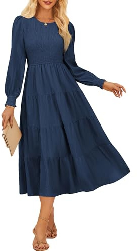 GRACE KARIN Women's Crew Neck Tiered Midi Dress Elastic Waist Long Sleeve Flowy Casual Daily Dress CL145-04/Navy Blue L