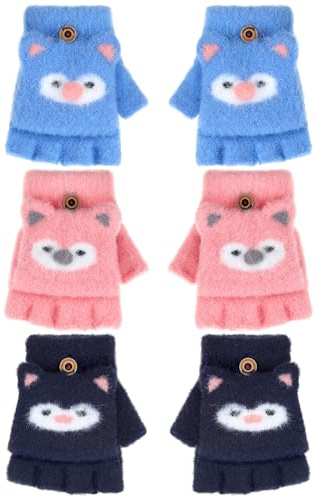 Geyoga 3 Paia Guanti Bambina Senza Dita Guanti Convertibili per Bambini Manopole Senza Dita Flip Top Invernali(Blu, Rosa, Blu navy,1-5 anni)