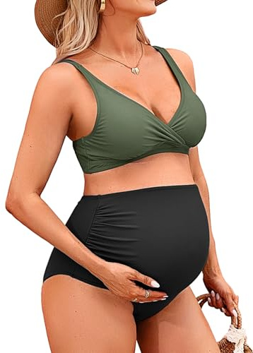 Charmo Maternity Bikini Swimsuit Two Piece High Waist Pregnancy Bathing Suit V Neck Swimwear