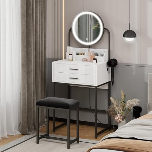YU YUSING Toeletta Trucco con Sgabello,Tavolo Trucco con Specchio e Luce | Postazione Trucco con 2 Cassetti e 2 Ripiani, Set Toeletta Moderno per Camera da Letto