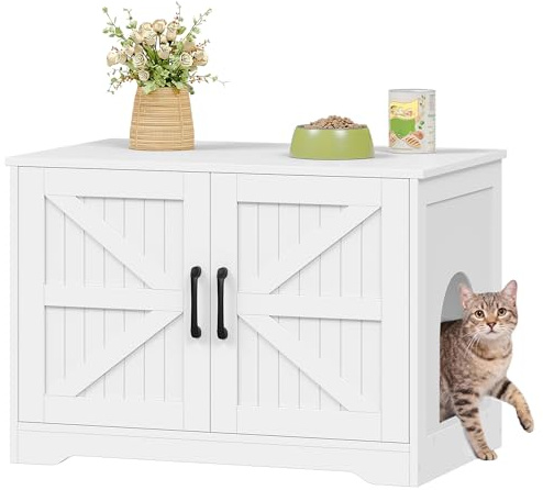 Fobyfurny Katzenklo Schrank, Katzenschrank Möbel, 80 x 50 x 55 cm, Weiß | Katzenklo Versteckt Schrank, Katzenhaus Holz, Katzenschrank Beistelltisch mit Seiteneingang, Bauernhausstil, für Wohnzimmer