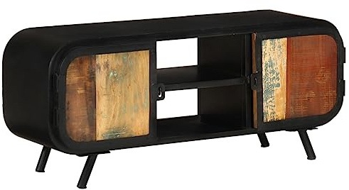 YNGBHFNOP Meuble TV Industriel Vintage 110 cm en Bois de Récupération Massif, Armoire Média avec 2 Portes et 2 Étagères, Meuble Salon Écologique et Unique pour Téléviseur