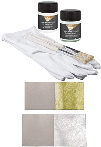 Set 50 Blatt Echtes Blattgold Essbar 23,75 Karat Echt Gold 3,8 x 3,8 cm + 50 Blatt Blattsilber 5 x 5 cm Echt Silber + 1x Kreul Anlegemilch 50ml + 1x Überzugslack 50ml + 1 Paar Handschuhe + 2 x Pinsel