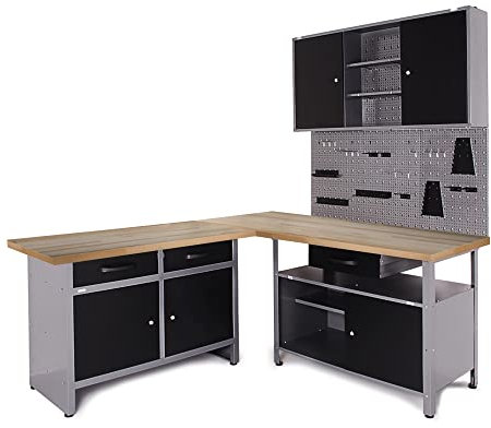 Ondis24 Werkstatt Ecklösung Basic One, 120 + 60 cm breit, Holzarbeitsplatte, 2X Werkbank, 1x Werkzeugschrank, Stahl, abschließbar, 3X Werkzeugwand - Lochwand+Haken Set (Arbeitshöhe 85 cm)