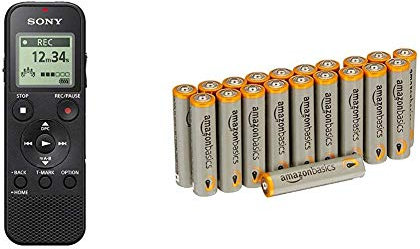 Sony ICD-PX370 Dictaphone numérique 4GB avec slot micro SD Noir & Amazon Basics Lot de 20 piles alcalines Type AAA 1,5 V 1340 mAh (design variable)