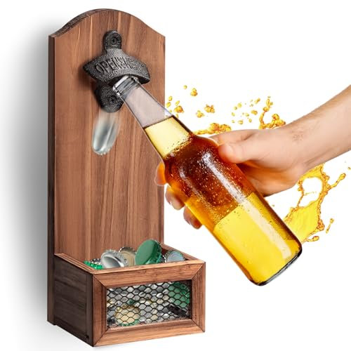 goldmiky Apribottiglie da parete in legno vintage, Apribottiglie a bottone di birra Apertura a bottiglia da birra a barra a parete, Accessorio da bar o casa 30.6 x 12.6 x 7 cm