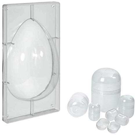 Set Stampo PROFESSIONALE per Uovo Cioccolato 500 gr - in POLICARBONATO - 1 cavità - Forma Uova di Pasqua Liscio - Dimensione 17,5 x h26cm + 5 BUSSOLOTTI barilotti in plastica porta SORPRESA 7xh10,5cm