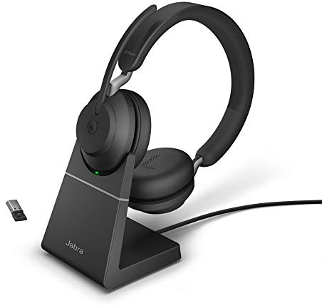 Jabra Casque PC sans Fil Evolve2 65 avec support de Charge – Casque stéréo certifié Microsoft Teams à réduction de Bruit avec Batterie Longue durée – Adaptateur Bluetooth USB-A – Noir (renouvelé)