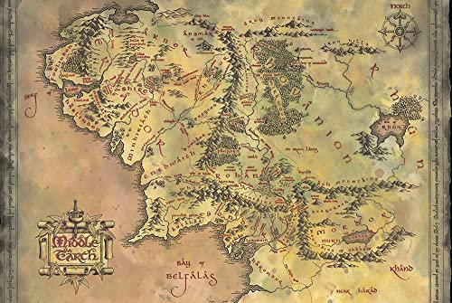 empireposter The Lord of The Rings - Middle Earth Map - Poster Druck - Größe 91,5x61 cm + 2 St Posterleisten Alu 93,5 cm
