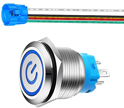 Gebildet 0.87''/22mm Stainless Steel Latching Push Button Switch 230V AC 3A Power Symbol LED 1NO1NC SPDT ON Off Waterproof Toggle Switch with Wire Socket Plug (Blue LED)