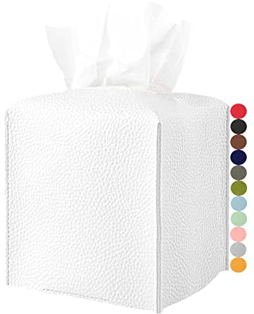 Leder Taschentuchbox Abdeckung Quadratisch,[JESMINI, weiß] Moderne PU Leder Taschentücher Würfel Box Halter Dekorativ für Badezimmer Waschtisch Arbeitsplatte,Nachttisch,Büro Schreibtisch, 5x5x5x5