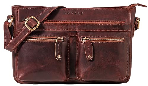 ROYALZ 'Dakota' Vintage Schultertasche Damen Leder kleine Umhängetasche Crossbody Bag - Umhänge Ledertasche Handtasche Damentasche Echt-Leder Elegant, Farbe:Roma Cognac Braun
