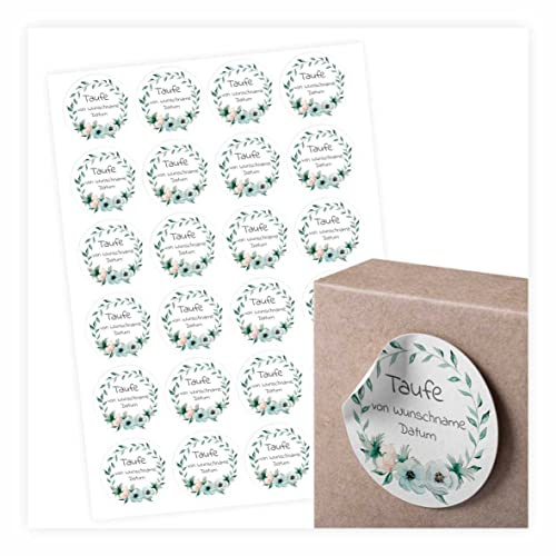 24 Stück Aufkleber zur Taufe - Personalisierte Aufkleber mit Namen und Datum für die Geschenke Ihrer Gäste - 4,5 cm Runde Papieraufkleber Etiketten (Blumen)