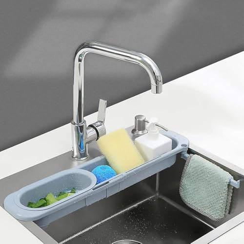 SEIYOGDS Mensola Telescopica per Lavello, Porta Spugna da Cucina, Portaspugne Lavello Organizer Cestello Regolabile Portaoggetti e Accessori da Cucina per la Maggior Parte dei Lavelli da Cucina (Blu)
