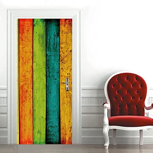 3D Porta Di Legno Colorata Porta Murale Adesivo Per Porte Poster Carta Da Parati Adesivo Murale D'Arte Foto 77 X 200 Cm Decorazione Porta Smontabile In Pvc Per Soggiorno Camera Da Letto Bagno Cucina