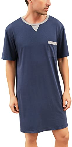 Yukiuiny Maglie Pigiama Uomo Abbigliamento da Notte Cotone Camicie Lunghe per Dormire,Maniche Corte-2-Blu Scuro/XL