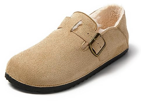 JOMIX Zapatillas Casa Mujer Invierno de Felpa Pantuflas Mujer Cerradas Mocasines para Mujer Zapatillas Mujer Casa con Hebilla Interior Exterior, Beige, 40 EU