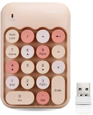 Lomiluskr Cute Wireless Number Keypad with 2.4G USB Receiver, 18 Colorful Round Keys Numpad, Portable Financial Accounting Numeric Keyboard, Suitable for PC, Laptop (Milk Tea)