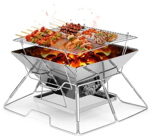 Portable Charcoal BBQ Grill For Camping: Small Folding Fire Pit Stainless Steel Barbecue Grill For Campfire, Outdoor