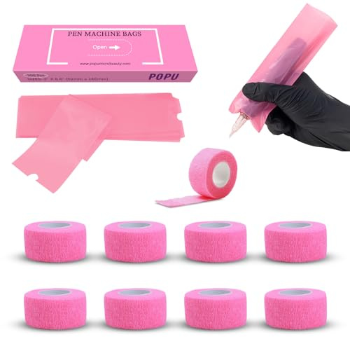 EZ Tattoo Machine Covers with Grip Tapes - 9PCS (1inch x 5 Yard) Pink Grip Wrap with 200pcs (2.0 inch X 6.6 inch) Pink Pen Covers