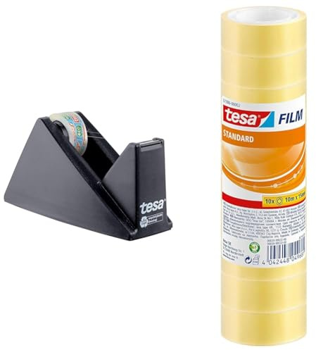 tesa Easy Cut Economy Klebebandabroller mit ecoLogo & tesafilm standard - Transparentes Multifunktions-Klebeband für Heim- Schul- und Büroanwendungen - 10 m x 15 mm - 10er Pack