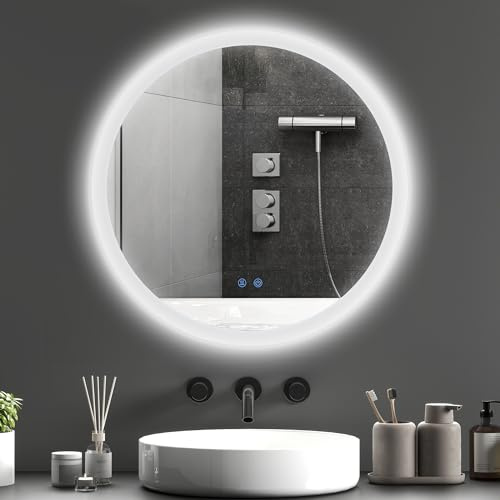 kleankin Badspiegel mit Beleuchtung Ø60 cm Runder LED Spiegel Wandspiegel mit Touchschalter, Memory-Funktion Lichtspiegel Beschlagfrei mit 3 Lichtfarben Weiß+Silber