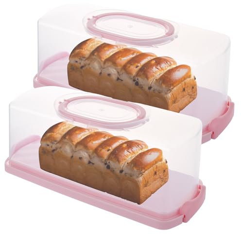ASelected 2 Pcs Rectangular Cake Carrier with Handle, Airtight Cake Storage Container with Lid and Secure Locking Clips, 35 x 16 x 13CM Plastic Loaf Cake Container for Loafs, Cupcakes, Baguettes