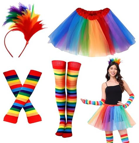 MUXIWOM Karnevalskostym för kvinnor, 4 stycken karnevalsdräkt, 80-tal, utklädnad, dam, vuxen, med pannband och tutu-kjol, för karneval, cosplay, maskerad