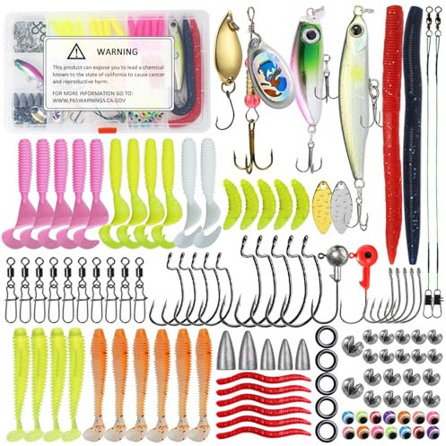L PATTERN Angel Köder Gummifische Set, Enthält Angelblei Set, Spinnerbait, Stahlvorfach, Angel Zubehör Set mit Fishing Accessories Offset Haken, Wirbel Angeln für Barsch, Zander und Forelle