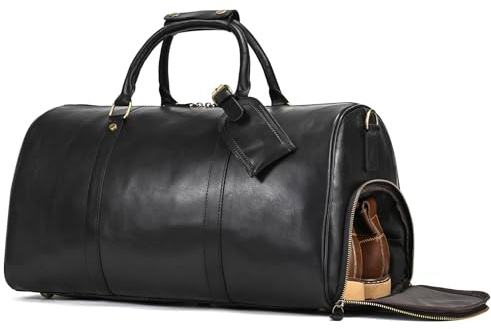 Vintage Reisetasche Herren Leder Weekender zum Umhängen Overnight Duffle Bag Großes Reisegepäck 52cm echtes Rindsleder, 9804 Schwarz