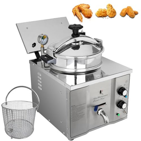 CIELOBLOEN Macchina per Pollo Fritto Ad Alta Pressione E Friggitrice Elettrica Professionale da Banco, 16 Litri, in Acciaio Inox, con Cestello, 3 Kw Termostato Regolabile, per Snack Bar