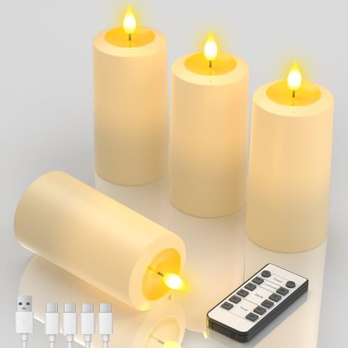 Yme 4er Set LED Kerzen Aufladbar mit Auspust-Funktion & Fernbedienung H13cm | Flackernd Wiederaufladbare Stumpenkerzen mit Timer & USB-C Kabel für Home Zimmer Halloween Weihnachten Party Deko & Ambiente