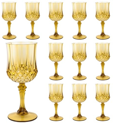 XXUE Plastic Wine Glasses Reusable | Vintage Goblets 207ml - Suitable for Wedding Receptions, Grand Events, Picnics & Disposable Party Supplies (12, Gold)