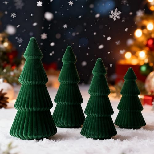 Lanpn 4 Pcs 6 8 10 Christmas Velvet Tree Figurine Decoration, Xmas Cone Tree Set Indoor, Small Tabletop Pine Trees Statue, Mantel Table Centerpiece Home Entryway Winter Holiday Decor, Green