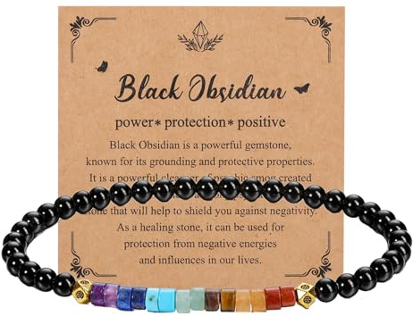GEHECRST Edelstein 7 Chakra Armband Damen Heilsteine Armband Obsidian Armbänder Yoga Energietherapie Reiki Heilung Glücksarmband Schmuck für Damen Herren