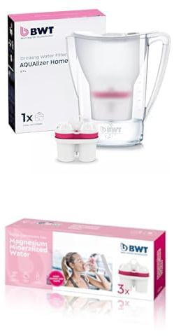 Bundle | BWT Jarra Filtradora de Agua Aqualizer Blanca 2,7L | Reduce Cal, Cloro e Impurezas y Enriquece con Magnesio – incl. 4 Cartucho MAGNESIO | Hasta dureza de 14,9 °dH