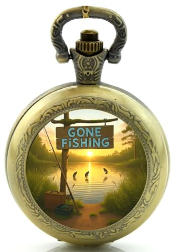 Cymru Apparel Gift Boxed Gone Fishing Fisherman Angling Sea Themed Quartz Pocket/Necklace Watch