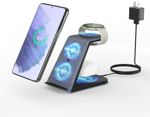 3 in 1 Wireless Charger for Samsung, Wireless Charging Station for Galaxy S25/S24/S23/Z/W Series, Fast Phone Watch Charger for Galaxy Watch 8/8 Classic/Ultra/7/6/5, Phone Charger for Galaxy Buds 3/Pro