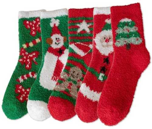 THQAE 5 Paia Calzini di Natale, Calzini Donna Divertenti di Natalizi, Calzini Termici Natalizi Regalo per le Signore, Soffici Pile di Corallo Pantofola Calzettoni Caldi
