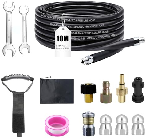 Juego de manguera de limpieza de tuberías de 10 m, 400 bar, 140 °C, con adaptador y boquillas, kit universal de limpieza de tuberías compatible con Kärcher K2-K7 y Bosch para limpieza de desagües y