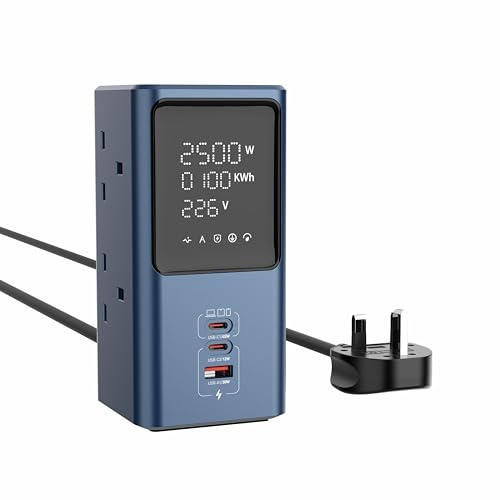 MINGWU 45W GaN USB C Power Strip Tower with LED Display, Desktop Charging Station, 2 USB-C PD Ports, 1 USB-A QC 3.0, 4 AC Outlets, Real-Time Power & Energy Monitor, Overload Protection, Home Office