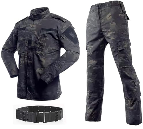 HANSTRONG GEAR Mens Military Tactical BDU Uniform Suit - Combat Hunting Shirt & Pants with Belt, Ripstop Scratch-Resistant Army Uniform for Airsoft, Paintball, Outdoor Activities (MCBK, XL)