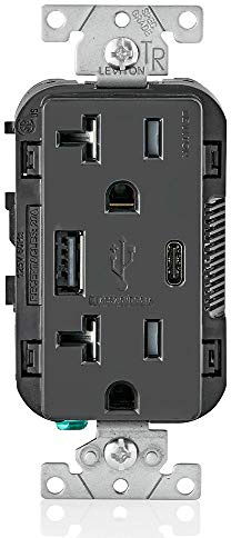 Leviton Type A & Type-C USB In-Wall Charger with 20A Tamper-Resistant Outlet, USB Charger for Smartphones and Tablets. Not for Laptops, T5833-E, Black