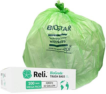 Reli. Biodegradable 33 Gallon Trash Bags, 100 Count, Green Eco Friendly, Degradable Under Certain Conditions, Custom-Fit for Compactor