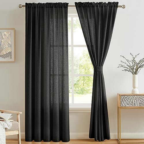 Melodieux Vorhänge Schwarz Transparent Leinen Optik Voile Gardinen für Wohnzimmer Schlafzimmer, 2er Set 225x140cm